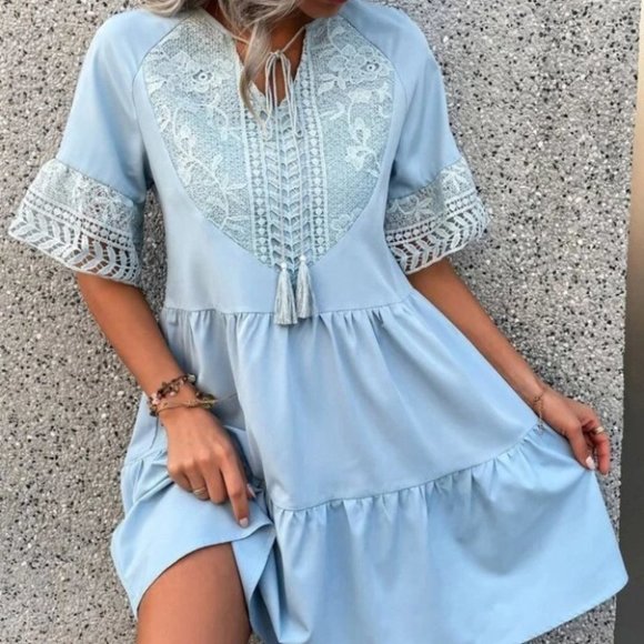 . Dresses & Skirts - Tassel Tie Ruffle Hem lace detailed mini Dress